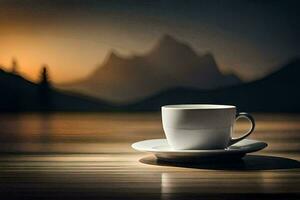 café taza en un mesa con montañas en el antecedentes. generado por ai foto