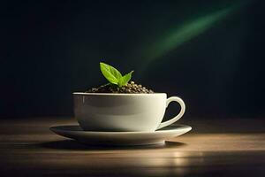 a cup of coffee with a plant. AI-Generated photo