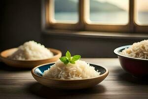 three bowls of rice sit on a table next to a window. AI-Generated photo