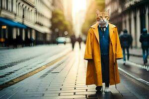 a cat in a yellow coat and suit walking down a city street. AI-Generated photo