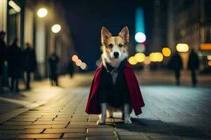 a dog dressed in a cape and suit standing on a street at night. AI-Generated photo