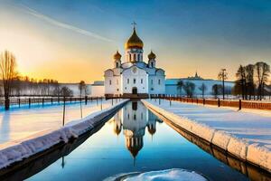 the kremlin in winter with snow and water. AI-Generated photo