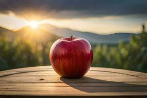 an apple sits on top of a wooden table with the sun setting behind it. AI-Generated photo