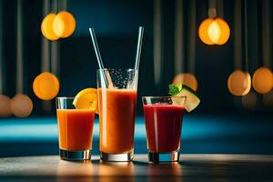 three glasses of juice with straws on a table. AI-Generated photo