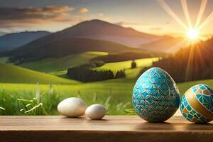 Pascua de Resurrección huevos en un mesa en frente de un montaña. generado por ai foto