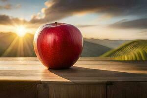 un manzana se sienta en un mesa en frente de un puesta de sol. generado por ai foto