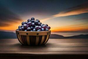 grapes in a basket on a wooden table. AI-Generated photo