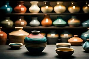 a collection of colorful vases and bowls on a shelf. AI-Generated photo