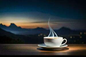 a cup of coffee on a table with mountains in the background. AI-Generated photo