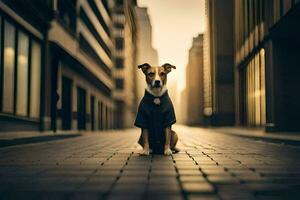 a dog sitting on the street in a city. AI-Generated photo