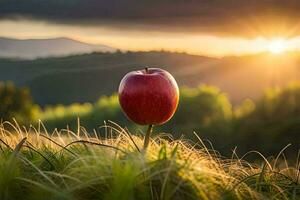 an apple is sitting in the grass with the sun setting behind it. AI-Generated photo