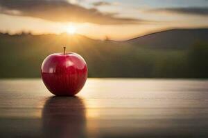 an apple sits on a table in front of a sunset. AI-Generated photo
