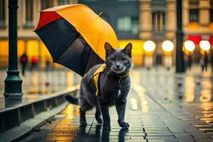 un gato caminando en un mojado calle con un sombrilla. generado por ai foto