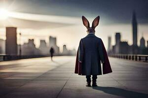 a rabbit wearing a cape and a hat on a bridge. AI-Generated photo