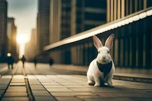 a white rabbit is sitting on a street in the city. AI-Generated photo
