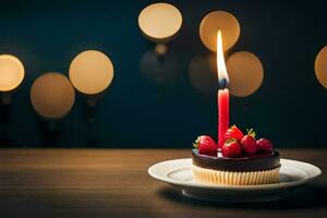 a birthday cake with a single candle. AI-Generated photo