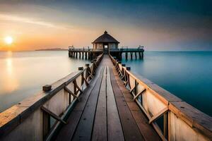 a pier with a gazebo at sunset. AI-Generated photo