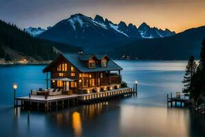 a wooden house sits on the water at dusk. AI-Generated photo