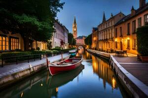 a boat is docked in a canal at night. AI-Generated photo