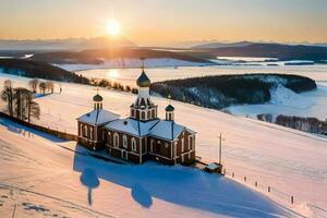 un Iglesia en el nieve en un colina. generado por ai foto