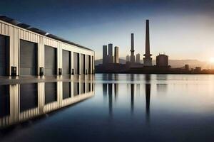 a factory building with a large water body in front of it. AI-Generated photo