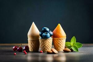 three ice cream cones with different flavors. AI-Generated photo