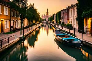 a boat is docked in a canal at sunset. AI-Generated photo