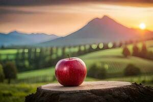 un manzana se sienta en un tocón en frente de un montaña. generado por ai foto