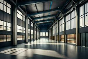 an empty industrial warehouse with large windows. AI-Generated photo