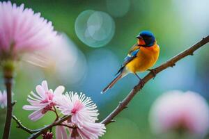 a colorful bird sits on a branch with pink flowers. AI-Generated photo