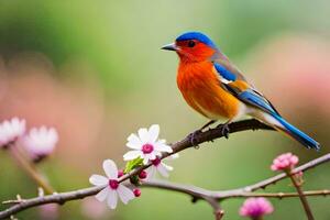 a colorful bird sits on a branch with flowers. AI-Generated photo