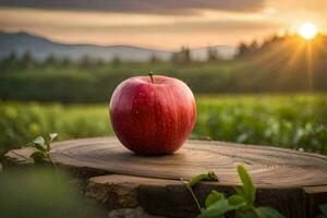 an apple sits on top of a stump in a field. AI-Generated photo