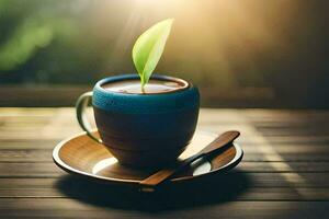 a cup of coffee with a green plant growing out of it. AI-Generated photo