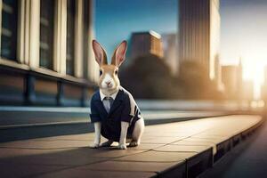 a rabbit wearing a suit and tie on a city street. AI-Generated photo