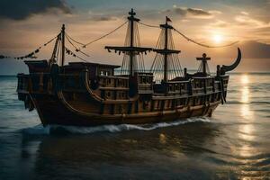 a wooden ship in the ocean at sunset. AI-Generated photo