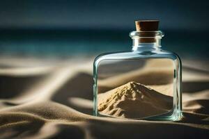 arena en un botella en el playa. generado por ai foto