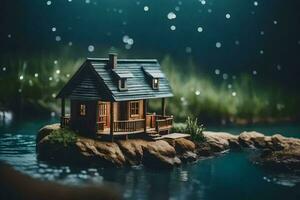 a miniature house on a rock in the middle of a lake. AI-Generated photo