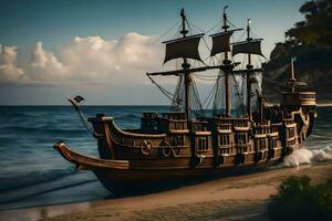 a pirate ship is on the beach near the ocean. AI-Generated photo