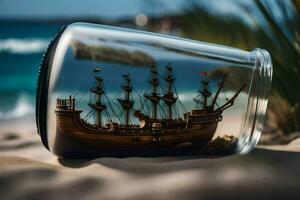 a ship in a bottle on the beach. AI-Generated photo