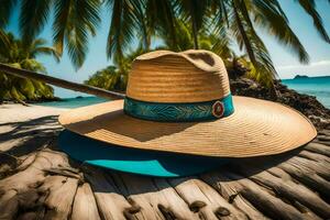 un sombrero y un azul banda en el playa. generado por ai foto