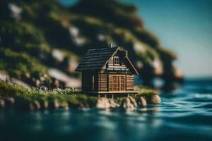 un miniatura casa en el borde de el agua. generado por ai foto