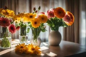 flores en floreros en un mesa. generado por ai foto