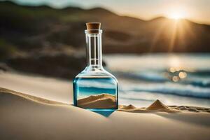 un botella de agua en el playa. generado por ai foto