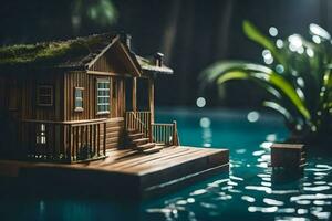 a miniature house on a floating dock in the water. AI-Generated photo
