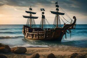 a pirate ship is on the beach at sunset. AI-Generated photo