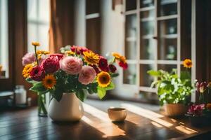 flowers in vase on table in front of window. AI-Generated photo