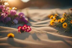 photo wallpaper sand, flowers, the sun, the desert, flowers, the desert, flowers,. AI-Generated