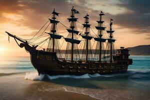 a pirate ship is sailing on the ocean at sunset. AI-Generated photo