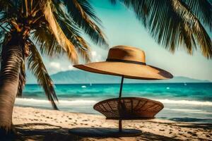 un sombrero se sienta en el arena siguiente a un palma árbol. generado por ai foto