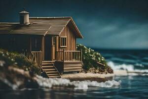 a miniature house on the beach by the ocean. AI-Generated photo